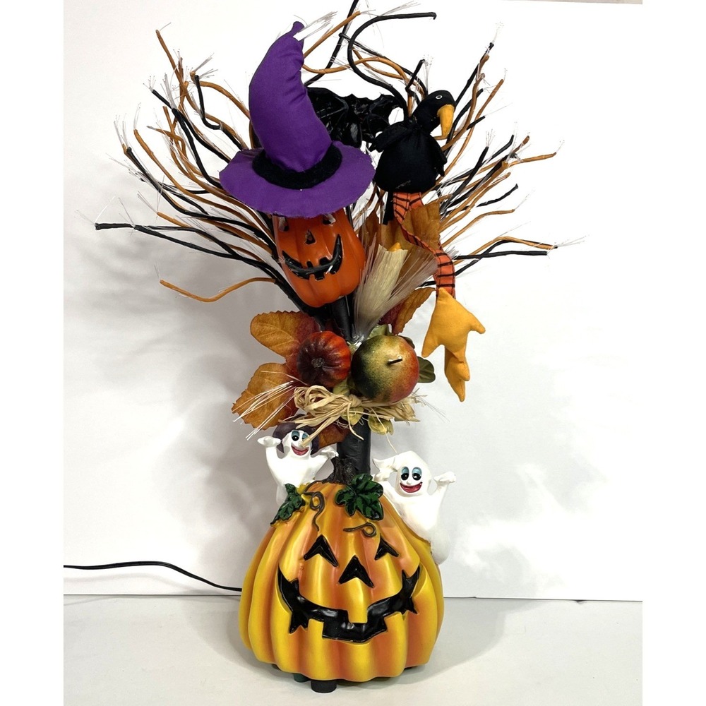 Vintage Fiber Optic Halloween Tree Spooky 17" Tabletop Pumpkin Ghost Bat Witch